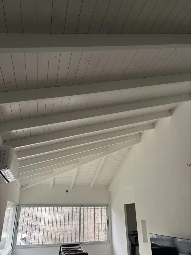 Vista del ambiente con el techo de machimbre ya pintado